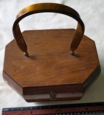 Vintage Octagonal Wood Purse or Small Sewing Box with Bakelite Handle picture