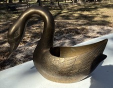 VTG LRG MCM Solid Brass Swan Planter Decor 16”×Long×13.5”Tall picture