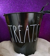Rae Dunn TREATS Black Bucket White Lettering TREATS with Handle Adorable picture