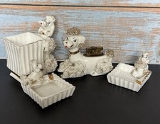 VTG Spaghetti Poodle Set Holder Tabletop Lighter Ashtrays Gold Glitter Rhineston picture