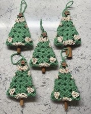 Handmade - Set Of 5 - Crocheted Granny Square Christmas Tree Primitive Ornaments picture