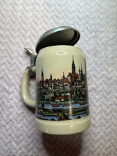 VTG German Beer Stein Porcelain Village River Lowenbrau Pewter Lid Erbo ZINN  picture