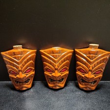 Set of Three Authentic Kahakai Tiki Pottery Flasks Missing One Cork picture