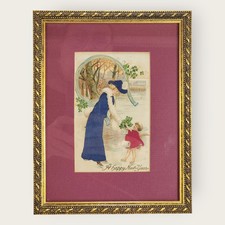Framed New Year Lady & Angel Child Ice Skating Horseshoe Silk Postcard 9X7
