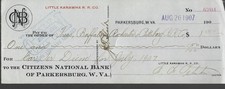 Vintage 1907 Little Kanawha Railroad Company Cancelled Check picture