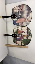 Vintage Korean Silk Hand Fans Set of 2 Traditional Folk Art Uchiwa Style picture