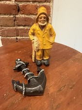 Vintage Hand Carved Wood Fisherman in Slicker Figurine & Nautical Anchor Decor picture