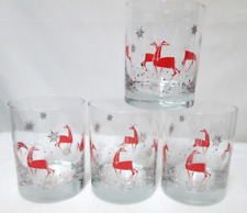 Christmas Reindeer snowflakes Set 4 glass old fashioned tumblers red white picture