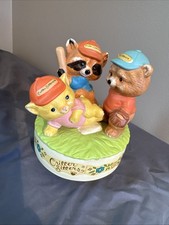 Vintage Enesco Critter Sitters Baseball Music Box Cat Raccoon Bear Spins Works picture