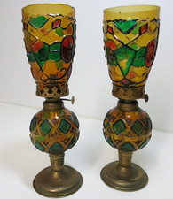 Antique Vintage Old Stained Glass Kerosene Lamp Set Pair Hand Painted Circa 1970 picture