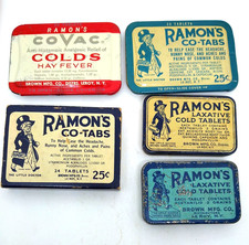 LOT of 5 different Ramon's vintage tins: 2Co-Tabs, CoVac, 2Laxative, 1cardboard picture