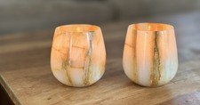 2 Hand Carved NATURAL  ALABASTER ONYX STONE Candle Holder Round HEAVY picture