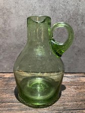 Vintage Green Crackle Glass Jug Vase w/ Handle - Great Condition picture