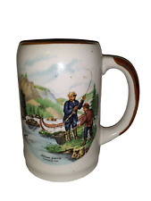 Vintage Rustic Cabin Currier & Ives River Salmon Fishing Beer Stein Coffee Mug  picture