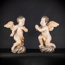 Angel Statues Pair | 2 Baroque Archangel Figure | 1700s Cherub Wood Carving 22