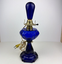 Vintage Cobalt Blue Glass Oil Lamp Electric Conversion Sweetheart Beaded Heart picture