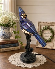 Tiffany Style Stained Glass Blue Jay Bird Lamp Bronze Branch 12