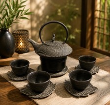 VTG Japanese Cast Iron Tea Set Tetsubin  Birds Leaf  Dragon Design 14 Pieces picture