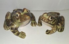2 McCoy Brush Pottery Ceramic Frogs 🐸 Green Brown 1930s Figurines Closed Mouth  picture
