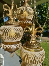 Gorgeous Rare Vintage Amber Glass 3 Shades MCM Swag Lamp Mid C Hollywood Regency picture