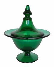 Vintage MCM Emerald Green Glass Pedestal Compote/Candy Dish With Lid picture