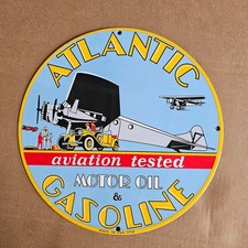 VINTAGE ATLANTIC AIRPLAN OLD US GASOLINE OIL GAS PUMP ENAMEL PORCELAIN SIGN picture