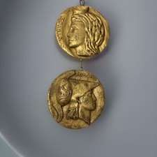 2 Vintage Gold-tone Greek Plaster Profile Medallion Wallhanging Plaque 9.5” picture