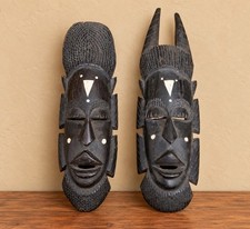 Vintage African Hand Carved Wood Tribal Masks Pair Folk Art 1950s picture
