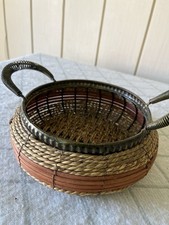 Vintage Woven Wicker And Mixed Media Basket With Metal Trim And Twisted Handles picture