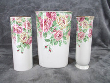 Otagiri English Rose Vase Cylindrical Porcelain Floral Gold Accent Japan 3 Piece picture