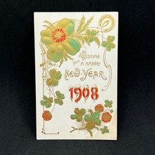 1908 New Year Antique Postcard Embossed Shamrock Horseshoe Gold Foil Germany picture