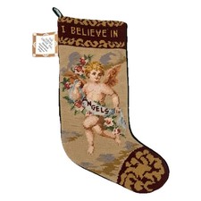VTG ‘95 I Believe in ANGELS Needlepoint Wool Stocking Christmas Victorian Cherub picture