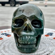 991 g  Moss Stone Skull Carving Green Watergrass Pattern Polished Decor picture