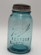 Ball Jar Perfect Mason Off Center #2 RARE 1910-1923 Vintage Blue W/ Zinc Lid picture