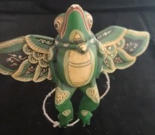 VTG Hand Carved Painted Balinese Wooden Flying Frog Folk Art Spirit Chaser picture