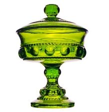 VTG MINTIE Avocado Green Indiana Glass Kings Crown Thumbprint Compote Candy Dish picture