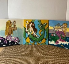 Set of 3 En Vogue Ceramic Art Tiles 8x8 Mermaids Coastal Wall Decor Hand Painted picture
