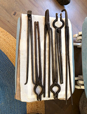 Vintage/Antique Blacksmithing Tool Lot - Forged Iron Tongs & Long Rod Tools picture
