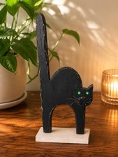 Vintage Ilona Steelhammer Hand Painted Wooden Black Cat Folk Art Halloween 90s picture