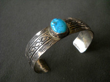 Native American Navajo Blue Turquoise Sterling Silver Cuff Bracelet w/ Stampwork picture