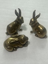 Set Of 3 Brass Bunny Figurines, Rabbits, Lucky Rabbits Decor Paper Weight picture