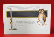 Vintage Whitney Anthropomorphic Owl & Candle Antique Halloween Postcard 1920 picture