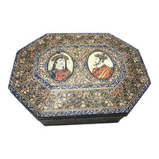 Vintage Indian Mughal Miniature Box Hand Painted Royal Portrait Shah Jahan Mumta picture