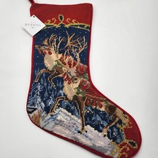 Sferra Reindeer Christmas Stocking Needlepoint Handmade Red Velvet Backing NEW picture
