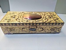 Heavy Vintage Gold Tone Metal Casket, Mirror & Velvet Interior, Rose Decor picture