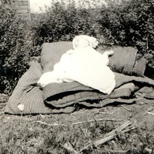 c1920s Baby Infant in Bonnet on Quilt Snapshot Photo Rural Clapboard House Yard picture