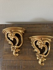 Set Of 2 Syroco Wall Shelf Gold MCM USA 3507 Vintage Scroll picture