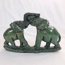 Vintage Shona Green Verdite Stone Hand Carved Elephant Pair Sculpture Zimbabwe picture