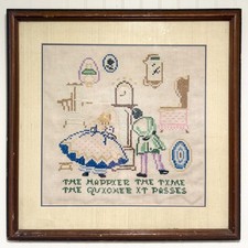 Vintage c1930s Framed Cross Stitch Motto Sampler Victorian Couple Folk Art 18 I picture