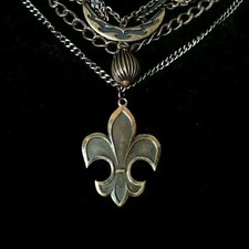 Vintage Fleur-de-Lis Antique Necklace Large Crescent Top Unisex Jewelry picture